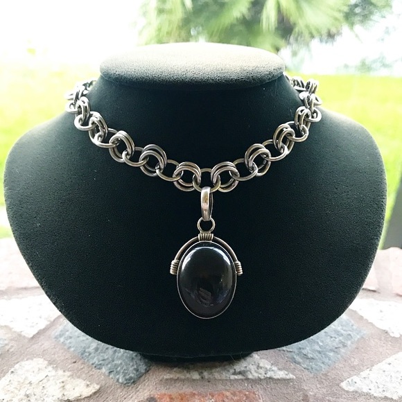 Silverskylight Jewelry - Sterling silver onyx pendant + choker steel chain